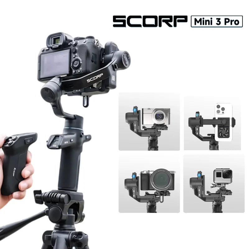 Gimbal Scorp Mini 3 Pro đen, giữ máy ảnh, nhỏ gọn, với các chế độ điều khiển khác nhau.