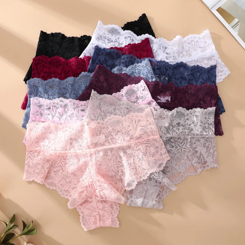 5PCS Women's Sexy Lace Star High Waist Thongs Solid Color Hollow Out Transparents Underwear Female Perspective G-strings S-XXL