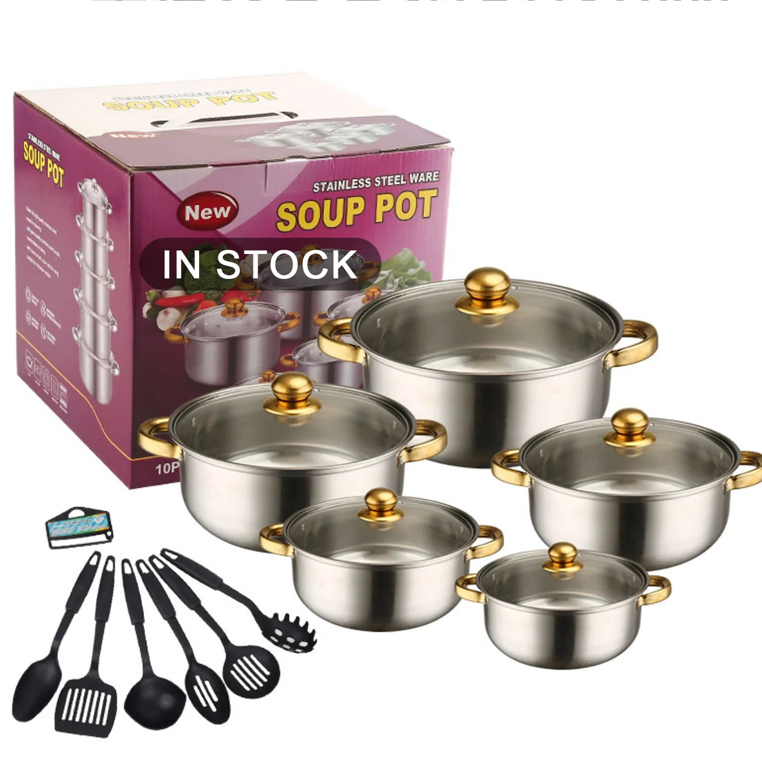 Bộ nồi inox 6 cái tay cầm vàng, hộp màu tím, kèm 6 dụng cụ nấu ăn màu đen.