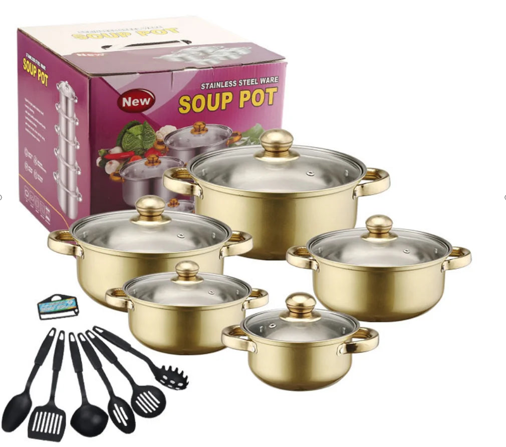 18-Piece Stainless Steel Cookware Set with Luxurious Gold Handles