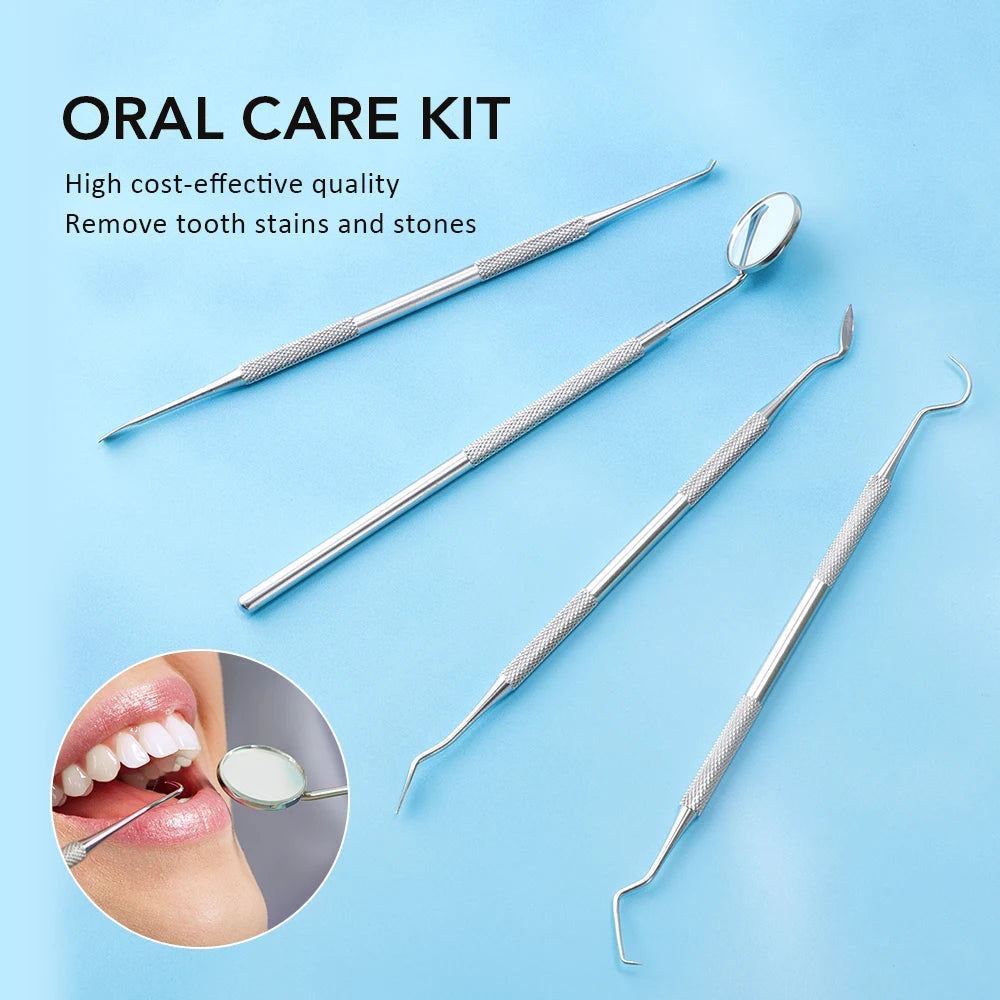 Bộ dụng cụ chăm sóc răng kim loại trên nền xanh, gồm gương và các dụng cụ làm sạch.