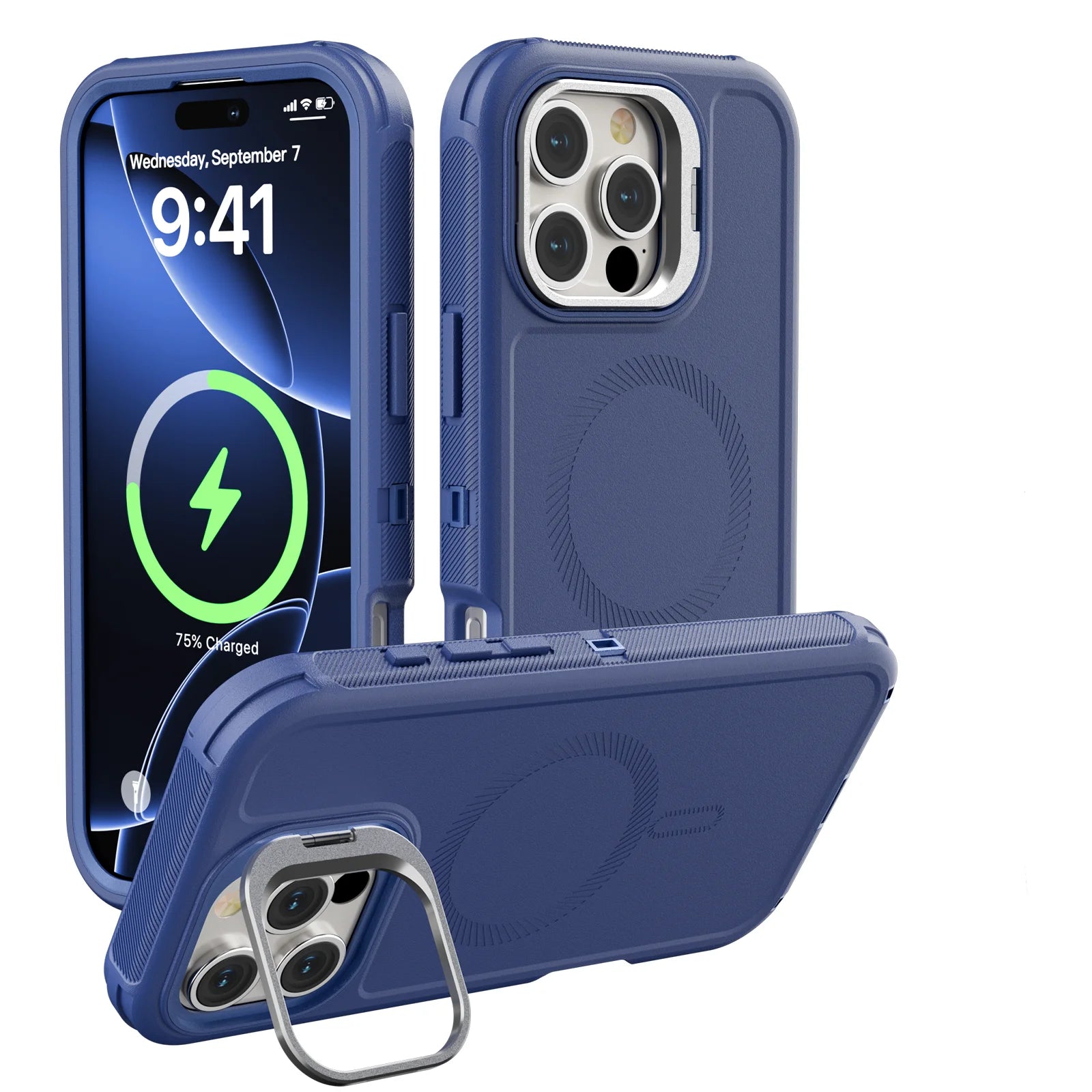 適用於 iPhone 16/15/14/13 Pro Max/16 Plus 的三合一防震重型堅固手機殼，附金屬鏡頭支架和磁吸式 Magsafe 保護套