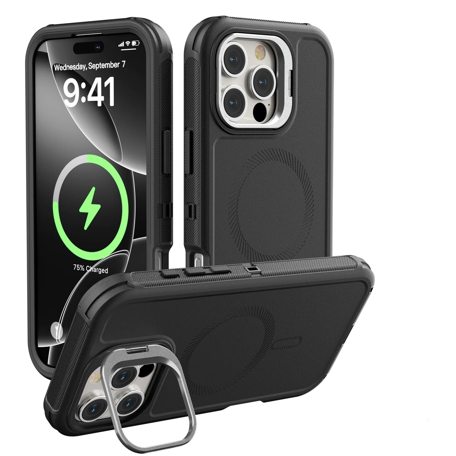 3 in 1 Shockproof Heavy Duty Rugged Phone Case For iPhone 16 15 14 13 Pro Max 16 Plus Metal Lens Stand Magnetic Magsafe Cover - Daisan Mart