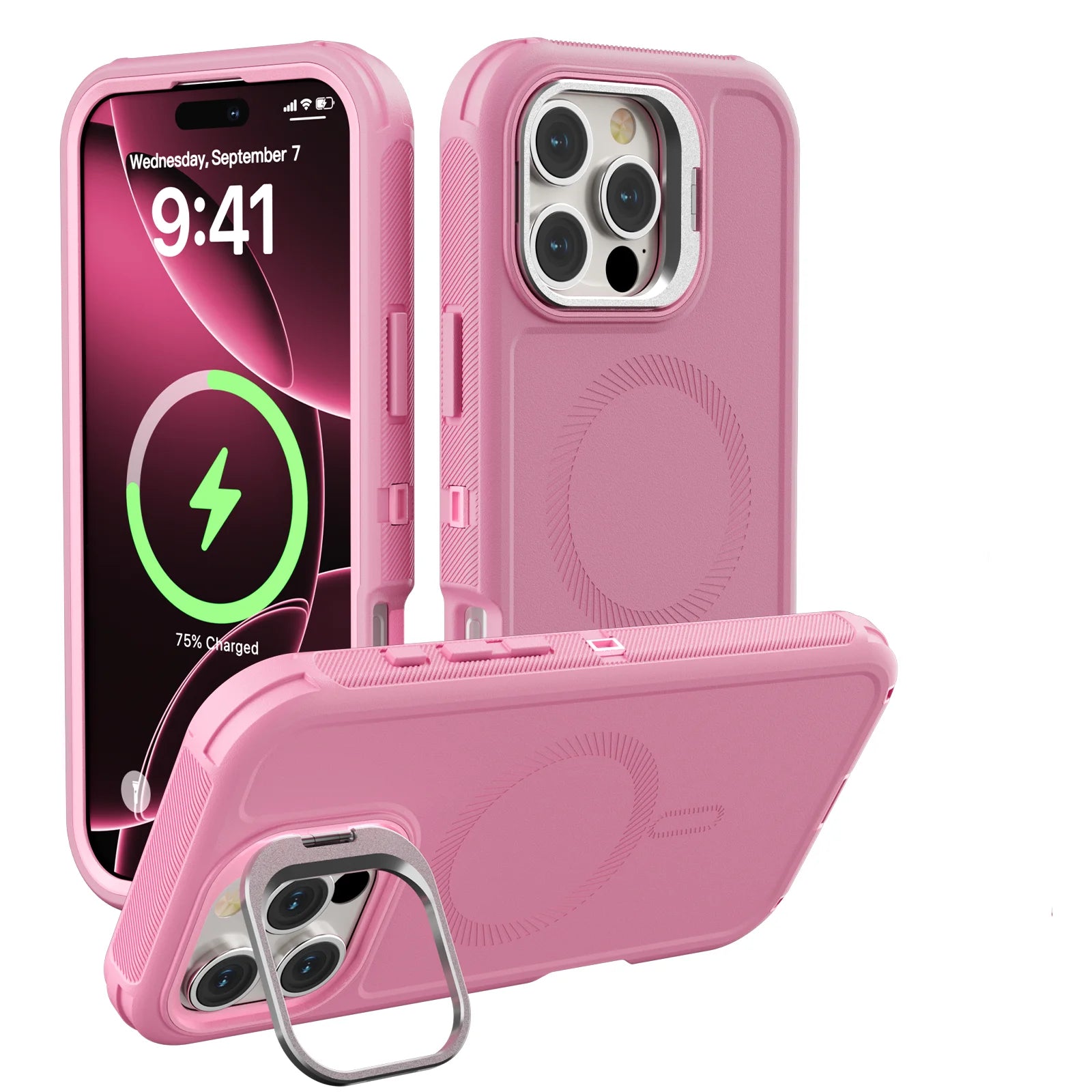 3 in 1 Shockproof Heavy Duty Rugged Phone Case For iPhone 16 15 14 13 Pro Max 16 Plus Metal Lens Stand Magnetic Magsafe Cover - Daisan Mart