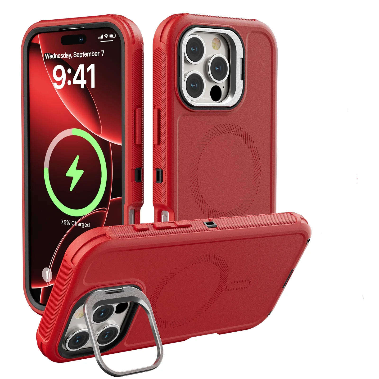 3 in 1 Shockproof Heavy Duty Rugged Phone Case For iPhone 16 15 14 13 Pro Max 16 Plus Metal Lens Stand Magnetic Magsafe Cover - Daisan Mart