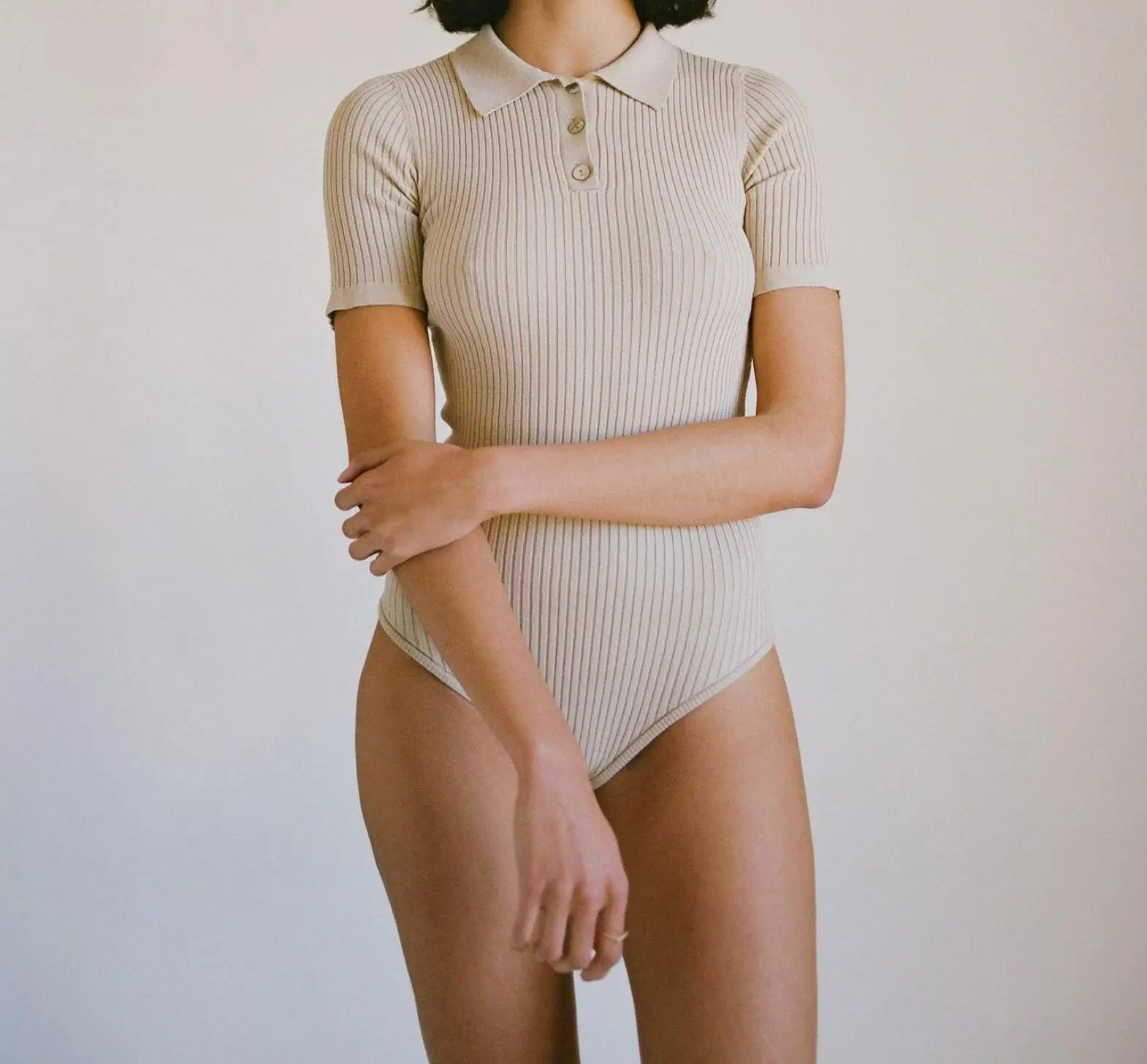 夏季性感POLO領羅紋針織短袖連身衣女式短款連身褲修身連身褲緊身連身褲