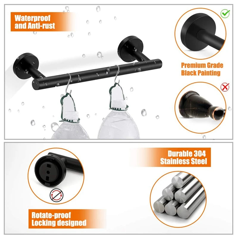 Black Wall-mounted Black Stainless Steel Towel Rack Set Towel Bar Toilet Paper Holder Robe Towel Hooks Bathroom  Accessories Kit - Daisan Mart