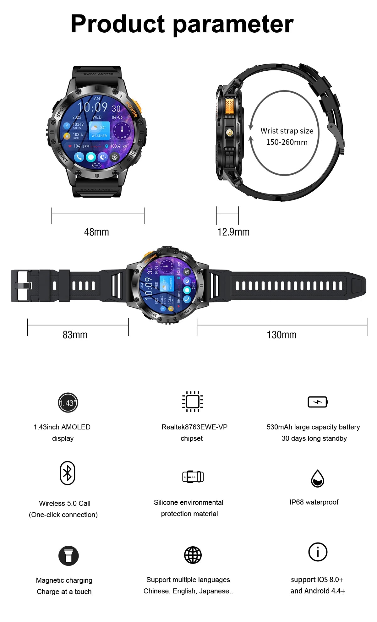 Đồng hồ thông minh AMOLED Nam - Thể thao & Đèn pin - Daisan Mart