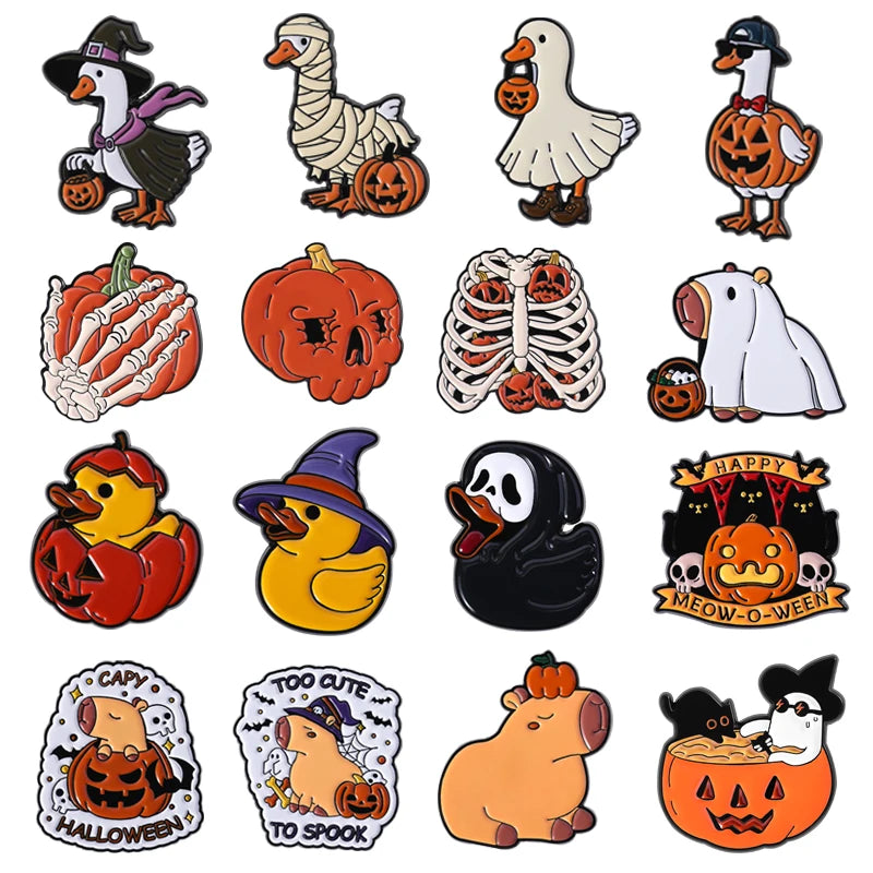 Halloween Pumpkin Animal Enamel Pins Ghost Capybara Grim Reaper Duck Spooky Season Brooches Lapel Badge Jewelry Gift for Friends