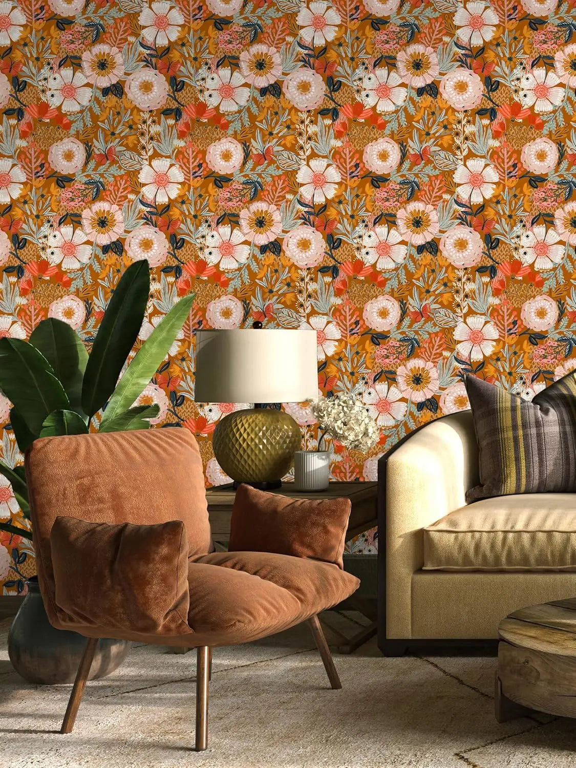Boho wallpaper orange/pink flowers for bedroom 50cm