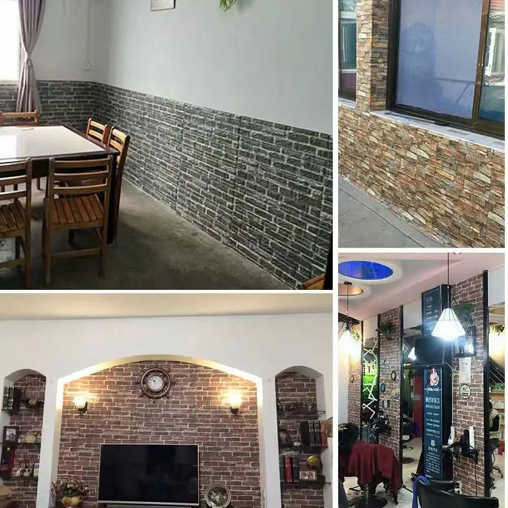 Nội thất với tường giả gạch xám và nâu, bàn ghế gỗ, đèn trang trí, đồng hồ treo tường.