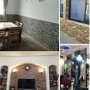 Nội thất với tường giả gạch xám và nâu, bàn ghế gỗ, đèn trang trí, đồng hồ treo tường.