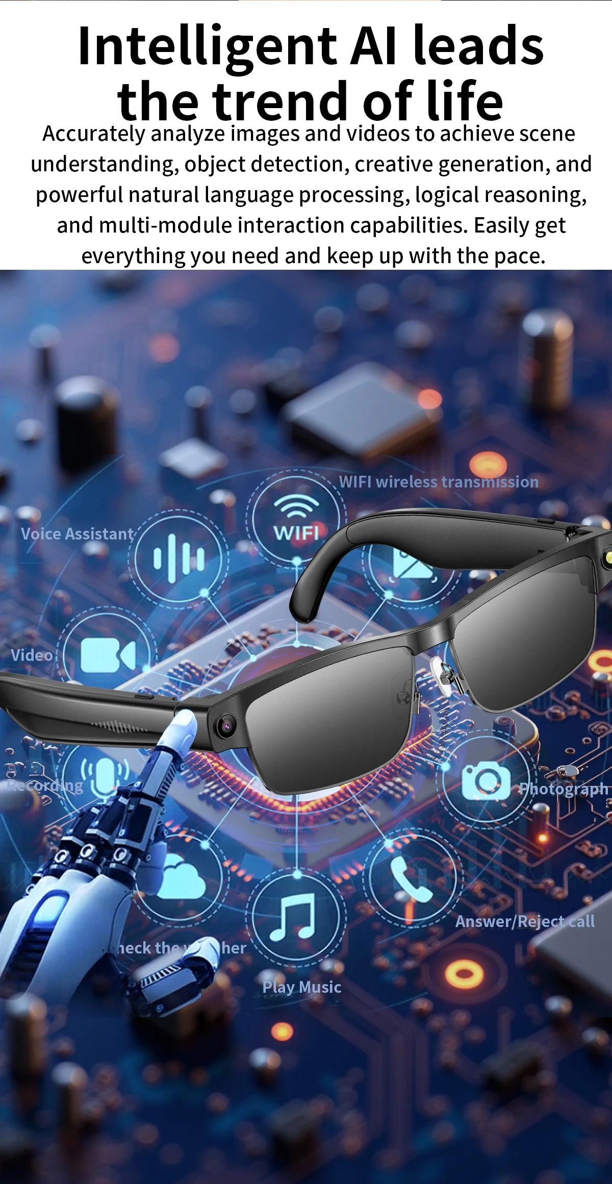 Sunglasses Smart Glasses 8 Million Pixels Recording Videos AI Photo Recognition Answer Translation 270mAh Bluetooth Glasses New - Daisan Mart