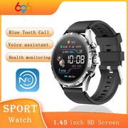 Đồng hồ thông minh màn hình màu đen, dây đeo đen, hiển thị chức năng như gọi Bluetooth, NFC.