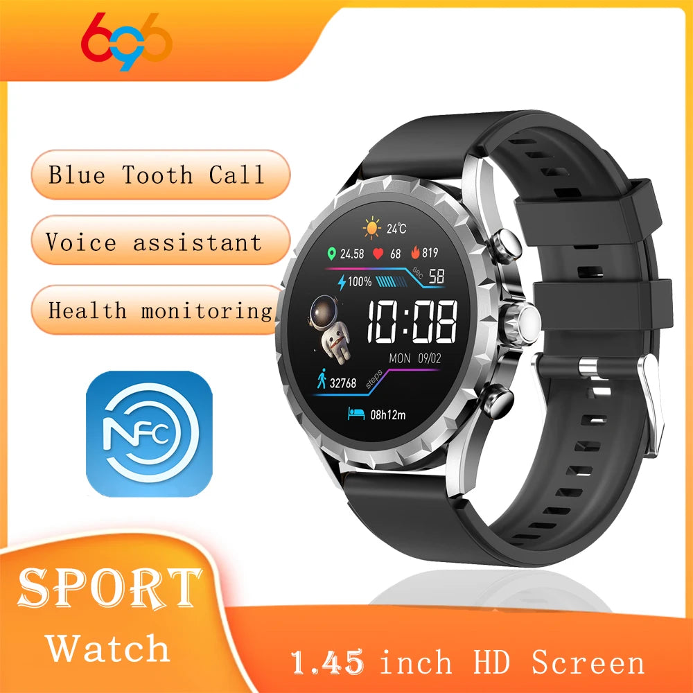 Đồng hồ thông minh màn hình màu đen, dây đeo đen, hiển thị chức năng như gọi Bluetooth, NFC.