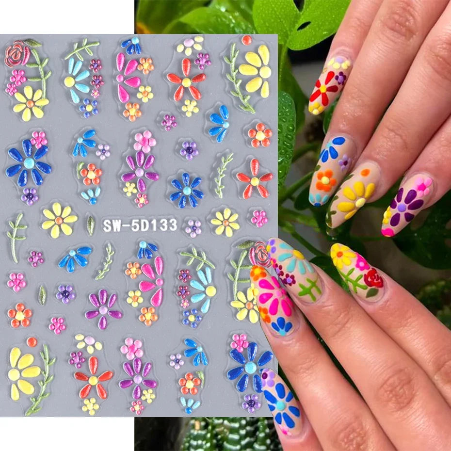 5D Colorful Daisy Flower Nail Art Sticker Lace Heart Spring Hollow Petals Boho Style French Engraved Slider Manicure Decorations - Daisan Mart