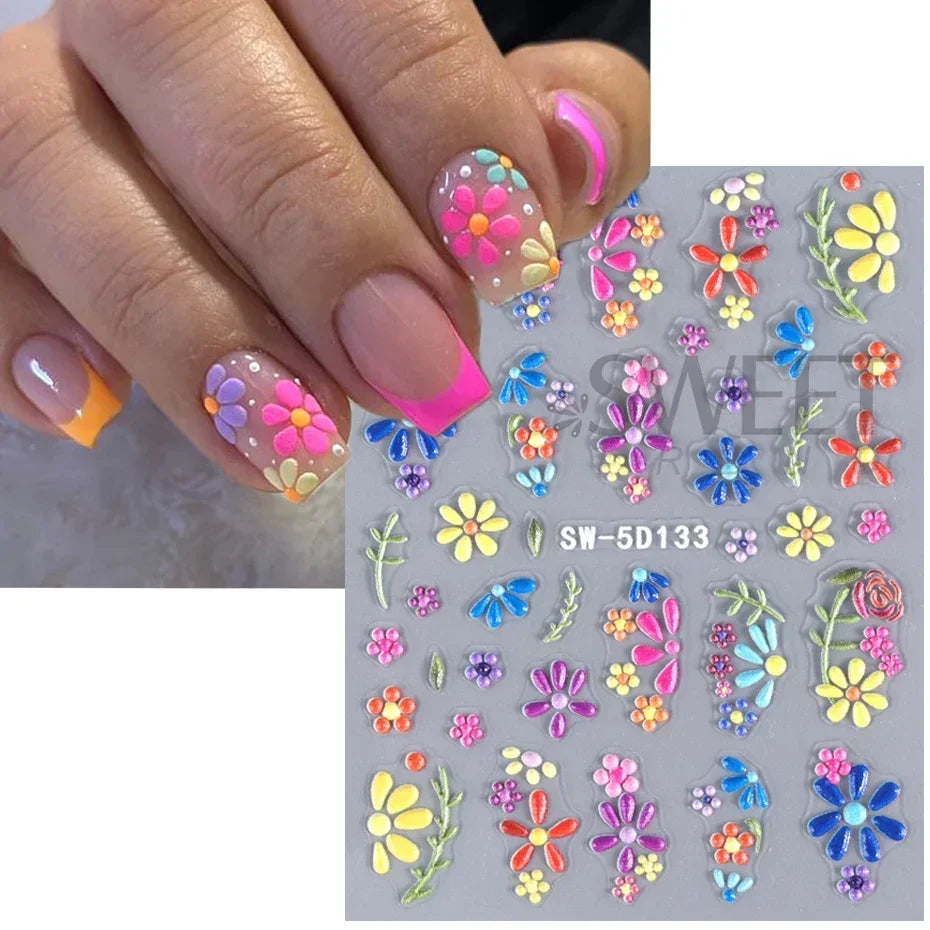 5D Colorful Daisy Flower Nail Art Sticker Lace Heart Spring Hollow Petals Boho Style French Engraved Slider Manicure Decorations - Daisan Mart