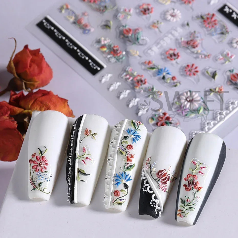 5D Colorful Daisy Flower Nail Art Sticker Lace Heart Spring Hollow Petals Boho Style French Engraved Slider Manicure Decorations - Daisan Mart