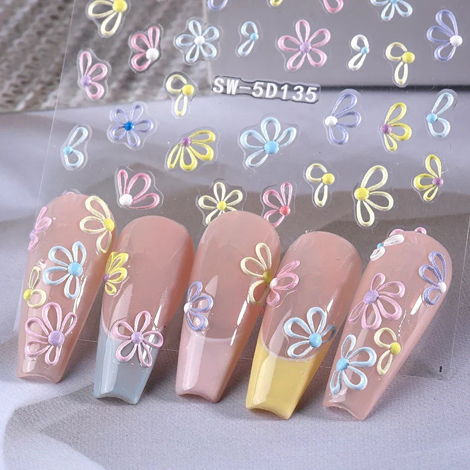 5D Colorful Daisy Flower Nail Art Sticker Lace Heart Spring Hollow Petals Boho Style French Engraved Slider Manicure Decorations - Daisan Mart
