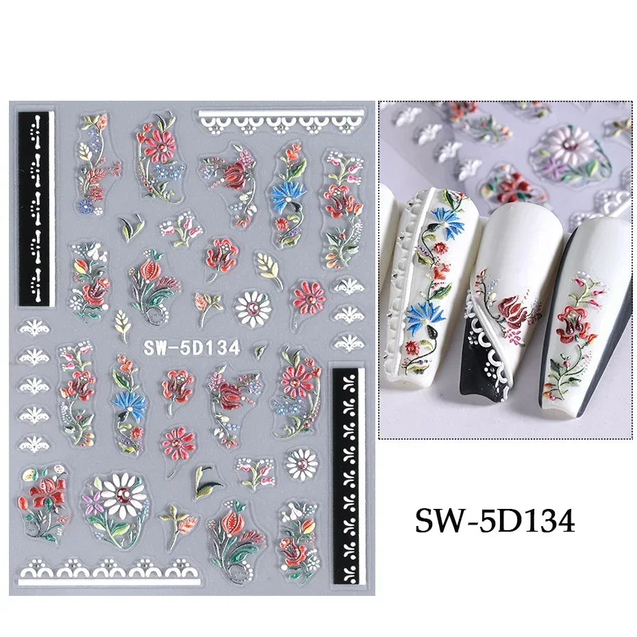 5D Colorful Daisy Flower Nail Art Sticker Lace Heart Spring Hollow Petals Boho Style French Engraved Slider Manicure Decorations - Daisan Mart