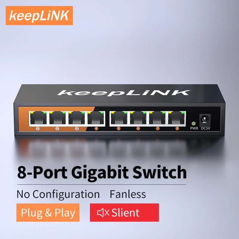 Bộ chuyển mạch 8 cổng màu đen, chữ "keepLINK", nền sáng, nút cam "Plug & Play", nút đỏ "Silent".