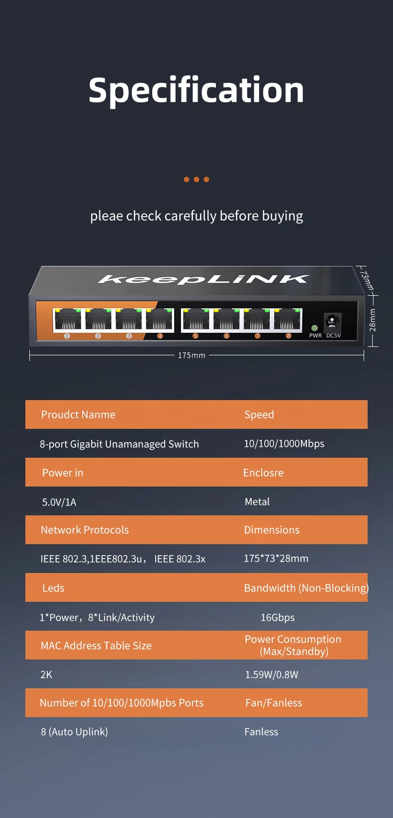 8 Port Gigabit Ethernet Switch Unmanaged Plug and Play - Daisan Mart