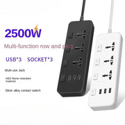 Hai ổ cắm màu đen và trắng, mỗi cái có 3 cổng USB và 3 ổ điện. Công suất 2500W.