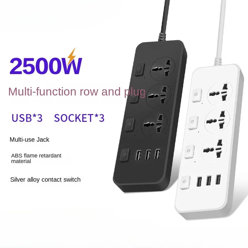 Hai ổ cắm màu đen và trắng, mỗi cái có 3 cổng USB và 3 ổ điện. Công suất 2500W.