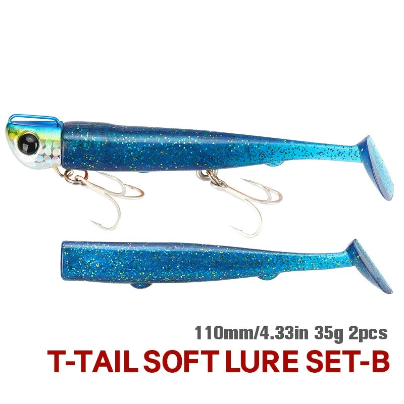 TSURINOYA Sinking Large Baits 110mm/35g Long Casting Jig Head T Tail Soft Lure Set 2pcs Tail Flounder Seabass Fishing Lure - Daisan Mart