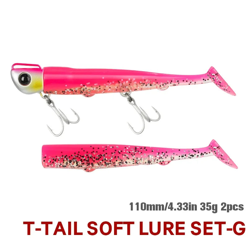 TSURINOYA Sinking Large Baits 110mm/35g Long Casting Jig Head T Tail Soft Lure Set 2pcs Tail Flounder Seabass Fishing Lure - Daisan Mart