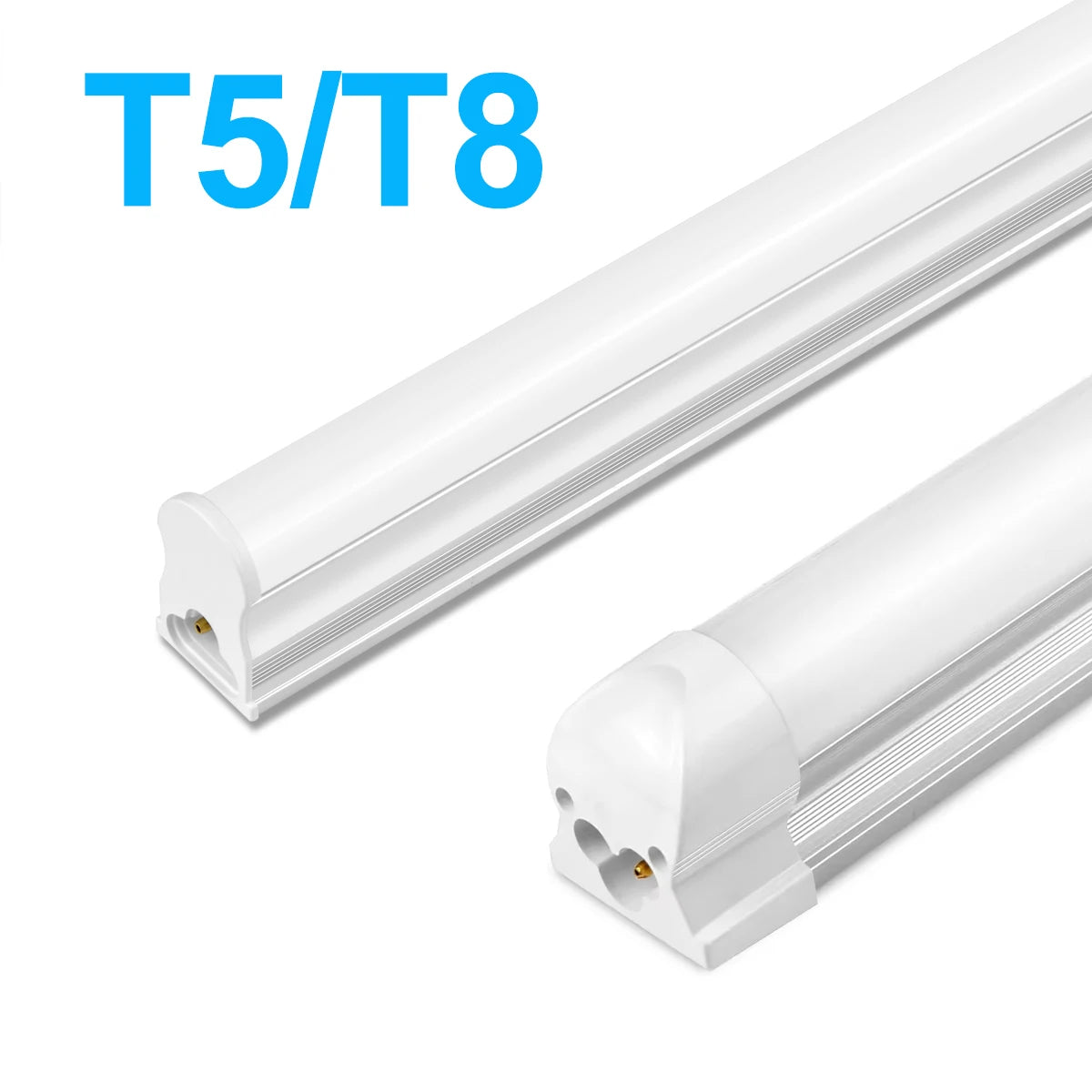 Hai bóng đèn LED trắng kiểu T5/T8, nền trắng, chữ xanh lam ở góc trên bên trái.