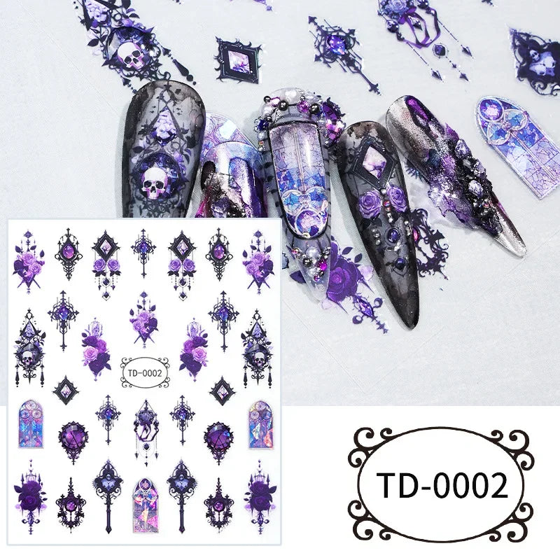 3D黑色紫色萬聖節美甲貼紙 哥德骷髏玫瑰蝴蝶美甲貼花 節日美甲裝飾 美甲滑塊