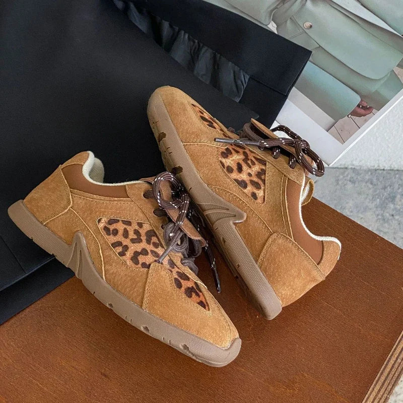 Winter Children's Boys Girls Leopard Brown Skateboarding Shoes Kids Toddler Letter Printed Flats Patchwork Streetwear Sneakers