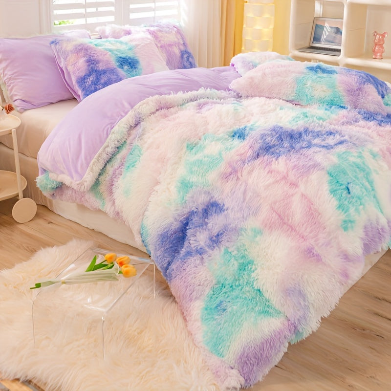 3pcs Y2K Tie Dye Plush Duvet Cover Set ( 1 Duvet Cover + 2 Pillowcase), Soft & Warm Bedding Set