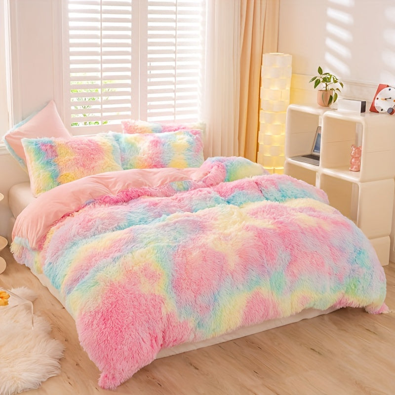 3pcs Y2K Tie Dye Plush Duvet Cover Set ( 1 Duvet Cover + 2 Pillowcase), Soft &amp; Warm Bedding Set