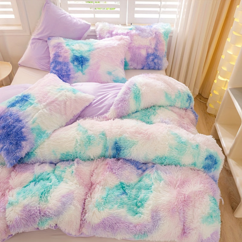 3pcs Y2K Tie Dye Plush Duvet Cover Set ( 1 Duvet Cover + 2 Pillowcase), Soft &amp; Warm Bedding Set