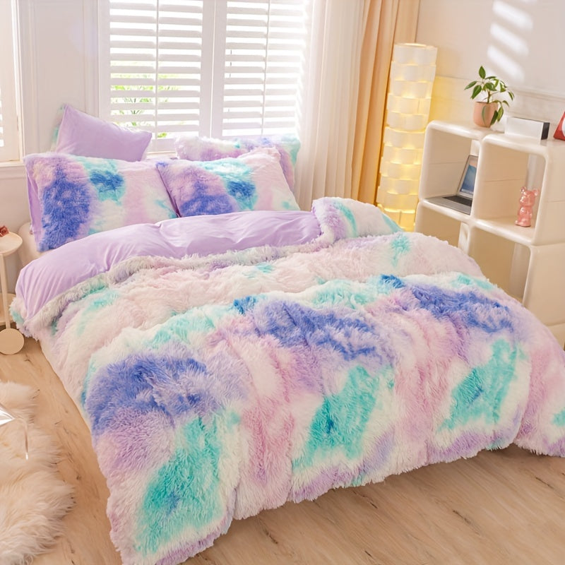 3pcs Y2K Tie Dye Plush Duvet Cover Set ( 1 Duvet Cover + 2 Pillowcase), Soft &amp; Warm Bedding Set