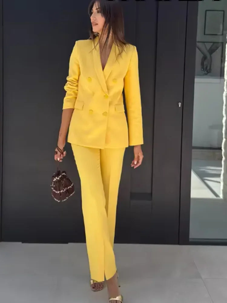 Office Lady Suits Two Piece Pant Set Turn-Down Collar Long Sleeve Double-Breasted Blazers+Mid Waist Zipper Flared Pants - Daisan Mart