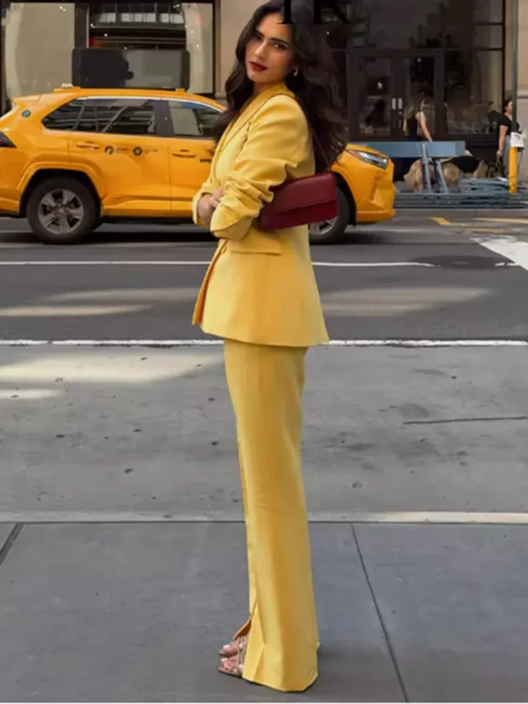 Office Lady Suits Two Piece Pant Set Turn-Down Collar Long Sleeve Double-Breasted Blazers+Mid Waist Zipper Flared Pants - Daisan Mart