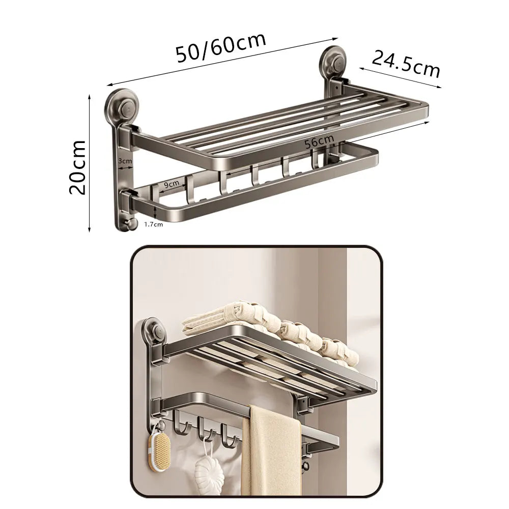 Grey Bath Hardware Set Suction Cup Bathroom Accessories Suit Wall-mounted Folding Towel Rack Towel Bar Corner Storage Organizer - Daisan Mart