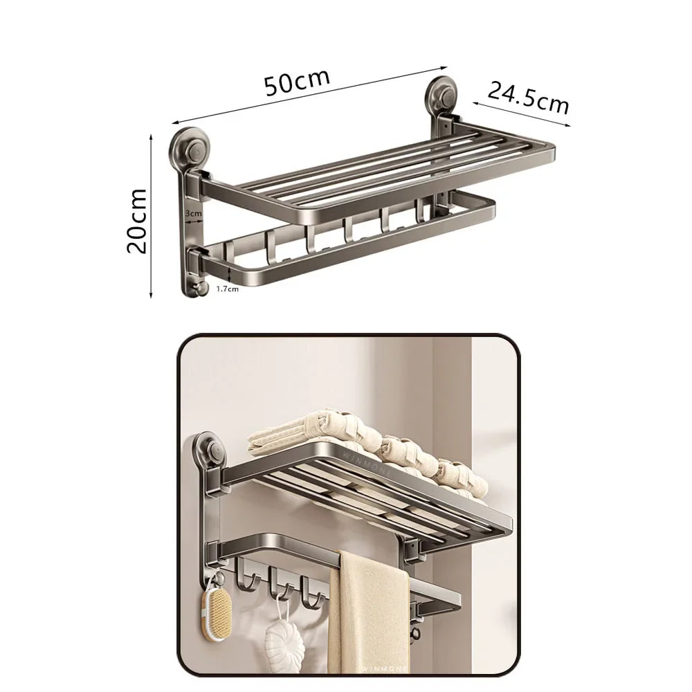 Grey Bath Hardware Set Suction Cup Bathroom Accessories Suit Wall-mounted Folding Towel Rack Towel Bar Corner Storage Organizer - Daisan Mart