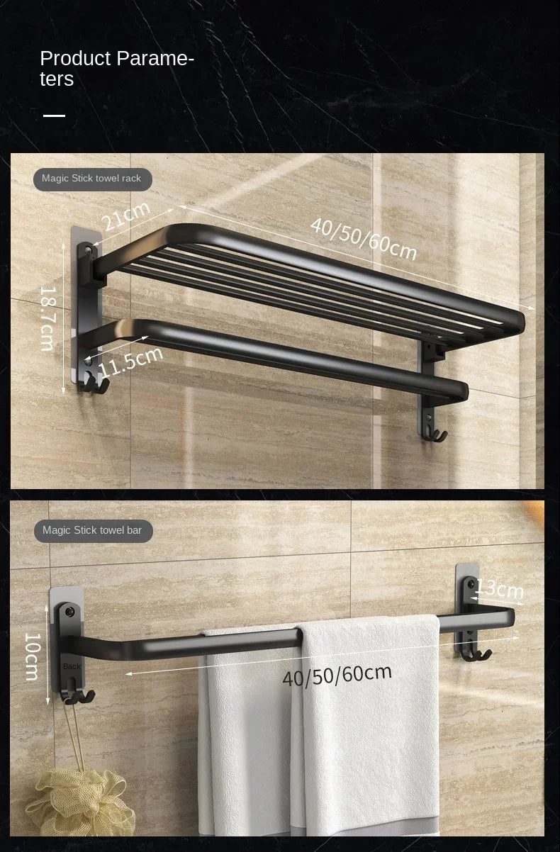 40/50/60CM No Drilling Towel Rack Fold Self-adhesive Wall Hanger Rail Bracket Black Aluminum Shower Bathroom Accessories Holder