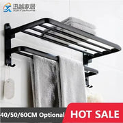 40/50/60公分免打孔毛巾架折疊自黏式壁掛支架黑色鋁合金浴室淋浴配件支架
