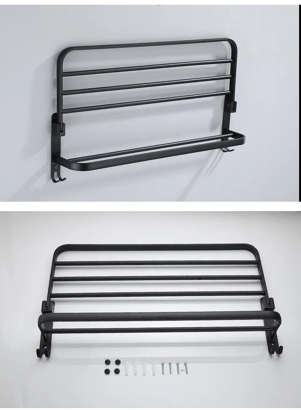 40/50/60CM No Drilling Towel Rack Fold Self-adhesive Wall Hanger Rail Bracket Black Aluminum Shower Bathroom Accessories Holder