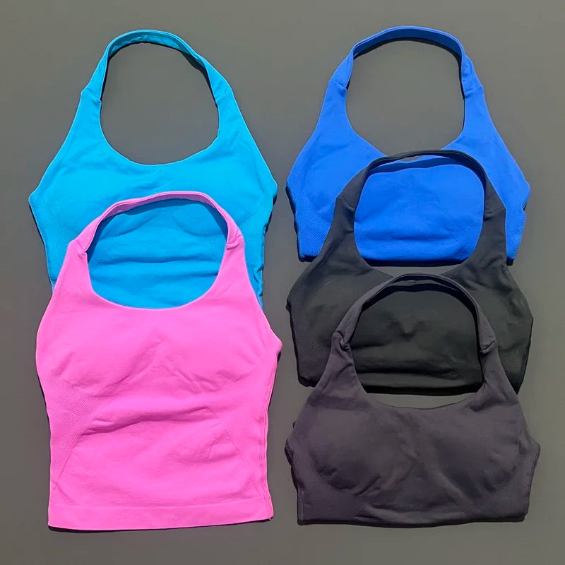 No Logo Women Halter Top Longline Strappy Tank Padded Yoga Clothing Fitness Running Activewear Gym Workout Tops - Daisan Mart