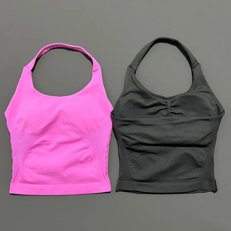 No Logo Women Halter Top Longline Strappy Tank Padded Yoga Clothing Fitness Running Activewear Gym Workout Tops - Daisan Mart