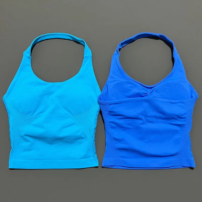 No Logo Women Halter Top Longline Strappy Tank Padded Yoga Clothing Fitness Running Activewear Gym Workout Tops - Daisan Mart