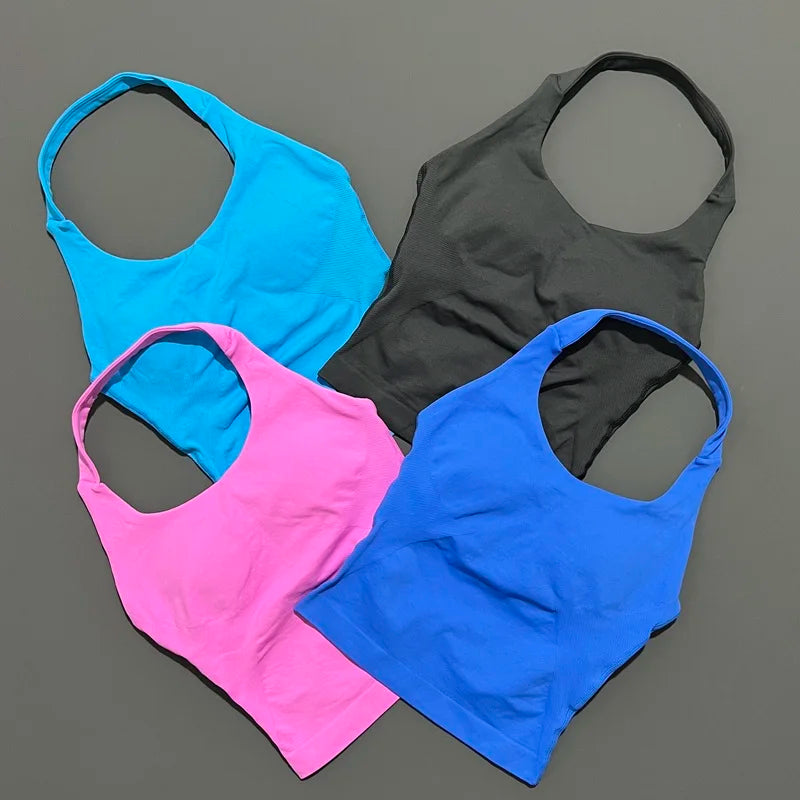 No Logo Women Halter Top Longline Strappy Tank Padded Yoga Clothing Fitness Running Activewear Gym Workout Tops - Daisan Mart