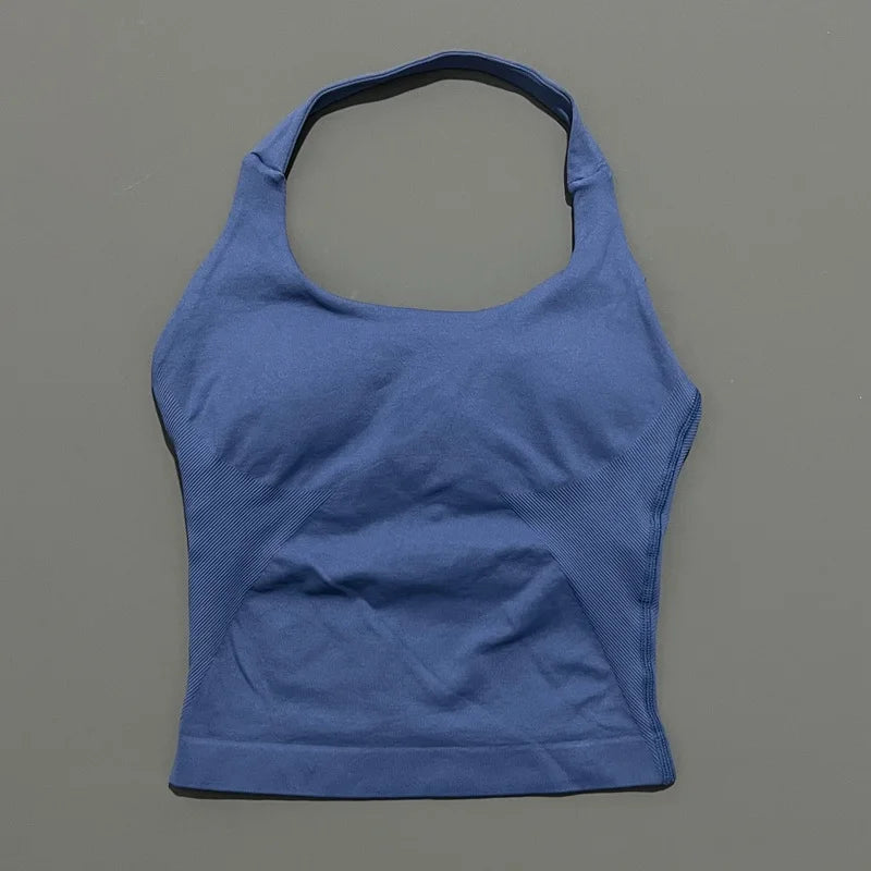 No Logo Women Halter Top Longline Strappy Tank Padded Yoga Clothing Fitness Running Activewear Gym Workout Tops - Daisan Mart