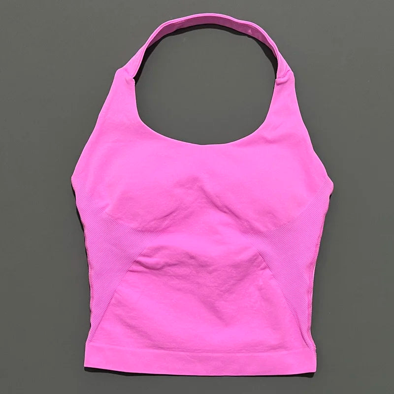 No Logo Women Halter Top Longline Strappy Tank Padded Yoga Clothing Fitness Running Activewear Gym Workout Tops - Daisan Mart